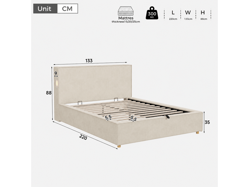 Lit coffre rembourré 120x200 cm coloris beige chenille - Conforama C