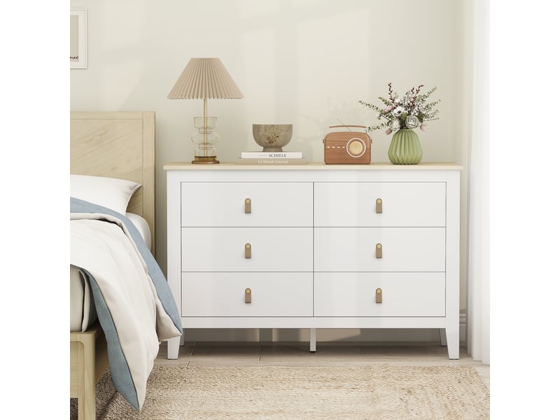  Commode à 6 tiroirs avec poignées en similicuir, 120 x 40 x 78 cm, blanche  - Conforama D