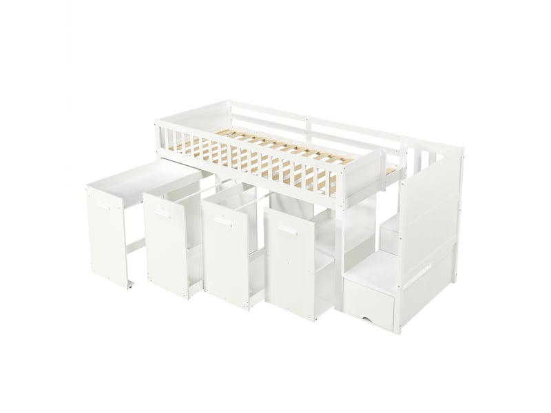 Lit mezzanine 90x200cm, lit enfant avec bureau extractible armoire, escalier de rangement, en bois de pin et mdf, blanc  - Conforama A