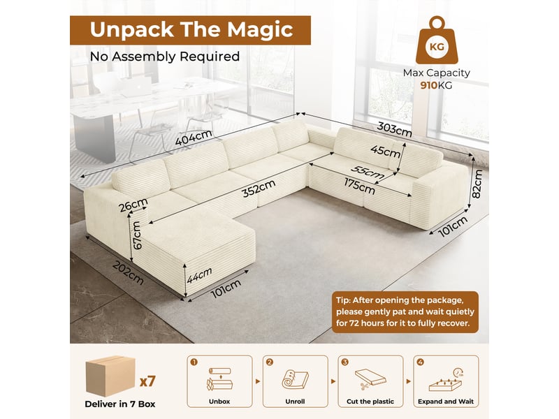  Canapé modulaire panoramique 7 places ouvert à gauche,velours côtelé,1 pouf,canapé compressé pour grand salon,404x303x82cm,beige 404x303x82CM - Conforama C