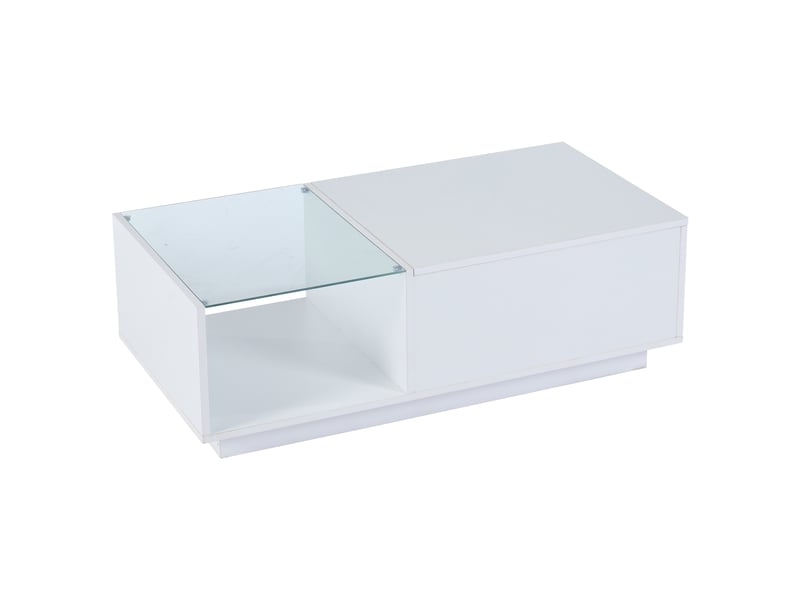 Table basse led relevable avec rangement caché, plateau en verre trempé, 100x50x33cm, blanc - Conforama D