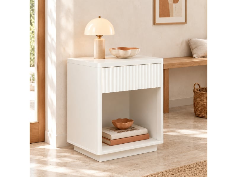  Table de chevet avec tiroir et niche de rangement pour chambre en mdf 63,5×38×46,5 cm blanche  - Conforama B