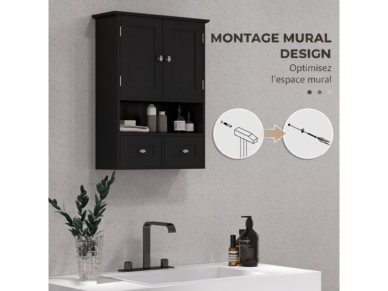  Armoire murale de salle de bain 2 portes 2 tiroirs mdf noir 50,8 x 17,8 x 66 cm  - Conforama E