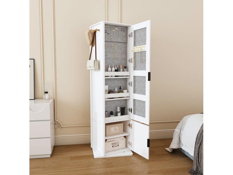  Armoire à bijoux pivotante à 360° avec miroir psyché, rangements et crochets, blanche  - Conforama D