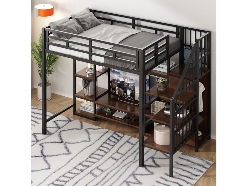  Lit mezzanine 90x200 cm – noir – mezzanine avec support tv, prise, rangement, métal et mdf - sans matelas  - Conforama B