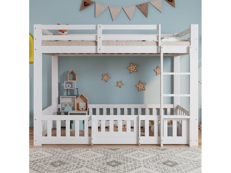 Lit superposé 90x200 cm, escalier d’angle et porte, pour chambre enfant, design sécurisé, bois, coloris blanc, sans matelas  - Conforama E