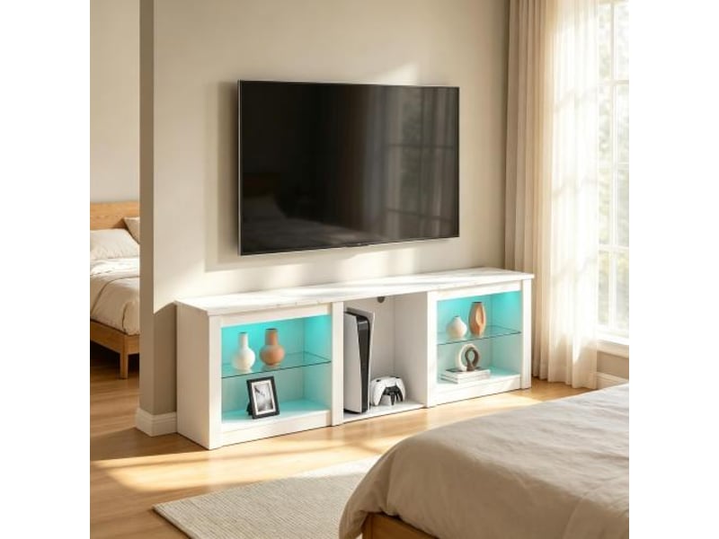Meuble tv led 160 cm - écran jusqu’à 70 pouces, étagères en verre réglables - Conforama E