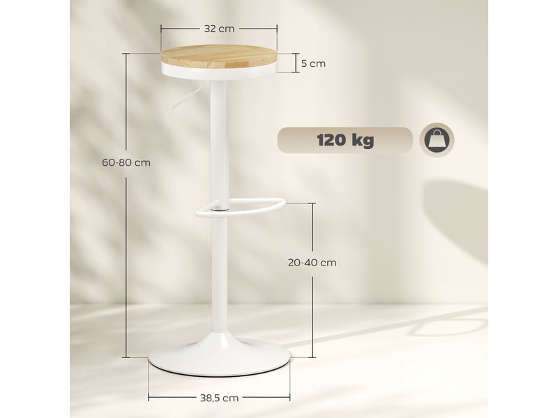  Ensemble 2 tabourets bar réglables, pivotants 360°, acier, repose-pieds, 38,5x38,5x60-80 cm, bois naturel et blanc.  - Conforama E