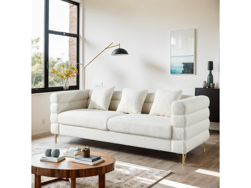  Canapé nuage droit 3 places, bouclé blanc, dossier ondulé nuageux, pieds métal dorés, coussins décoratifs, 205,7x81x71 cm, blanc Morn Vibe - Conforama C