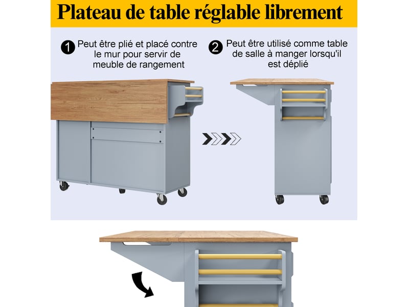  Îlot de cuisine multifonction 110x45-75x92 cm, table rabattable et rangements modulables, pour cuisine, en mdf, bleu  - Conforama D