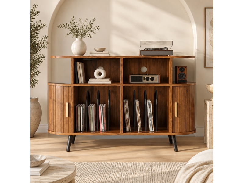  Buffet hifi avec 2 portes coulissantes, 4 niches, passe-câbles et station de charge en mdf noyer 110 × 40 × 76 cm  - Conforama B