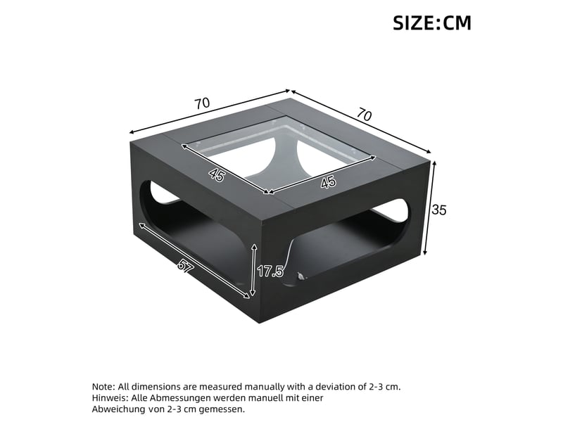  Table basse carrée 70x70x35 cm avec led, plateau en verre, design évidé au milieu, pour salon, contemporain, mdf, noir  - Conforama C