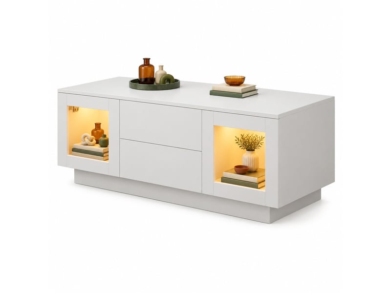  Table basse avec led rgb, 2 tiroirs et 2 placards - lpospi - commande par application et voix, mdf blanc 100 × 50 × 40 cm  - Conforama A