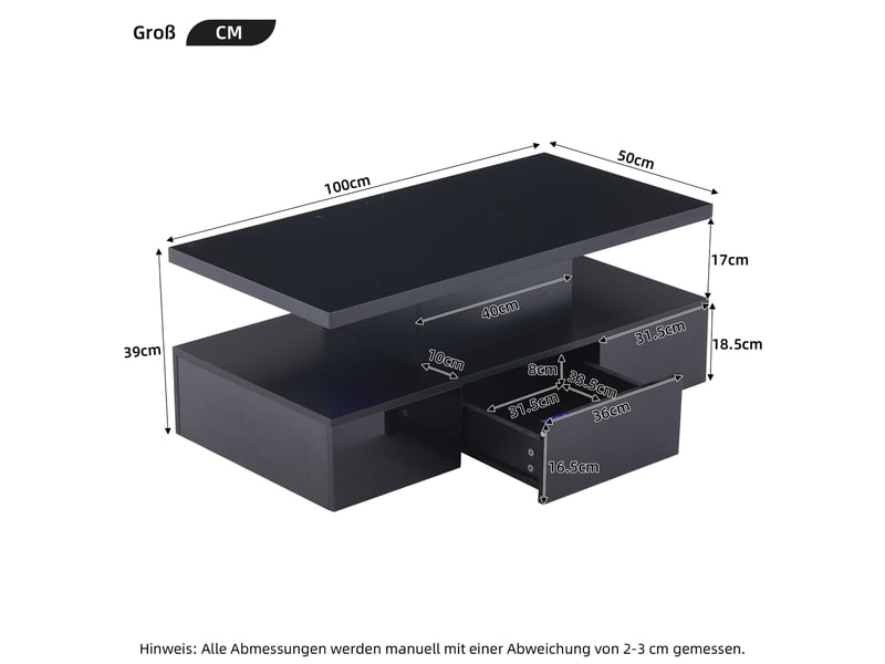  Table basse led 16 couleurs, table de salon noire avec tiroir et étagère, finition haute brillance, 100x50x39 cm  - Conforama W
