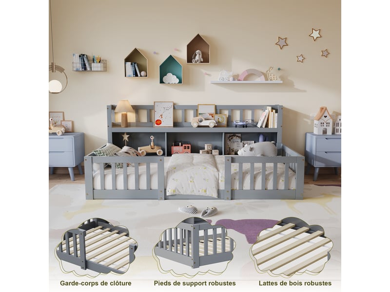 Lit enfant 90x200 avec sommier et bibliotheque, lit au sol avec rangement étagère et barrière de sécurité, lit montessori, 1 place - Conforama D