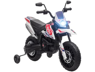 Moto électrique pour enfants de 37 à 96 mois, équipée de deux moteurs 12 v, de roues amovibles et supportant jusqu'à 30 kg. Couleur : blanche.