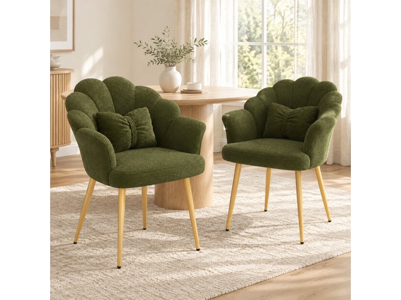  Lot de 2 fauteuils de salle à manger à dossier pétale en tissu teddy vert  - Conforama C