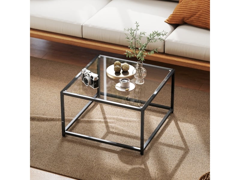 Table basse carrée avec plateau en verre trempé, structure en acier, pour salon, 68 × 68 × 39 cm, noir  - Conforama B