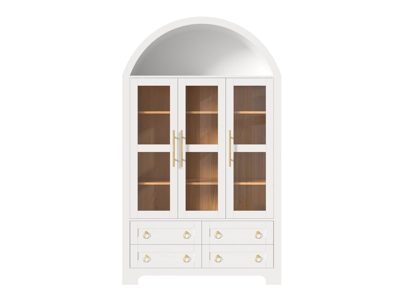  Vitrine style vintage à arche, 110 x 40 x 185 cm, avec 3 portes, 4 tiroirs et une niche ouverte en forme d'arche, coloris blanc  - Conforama A