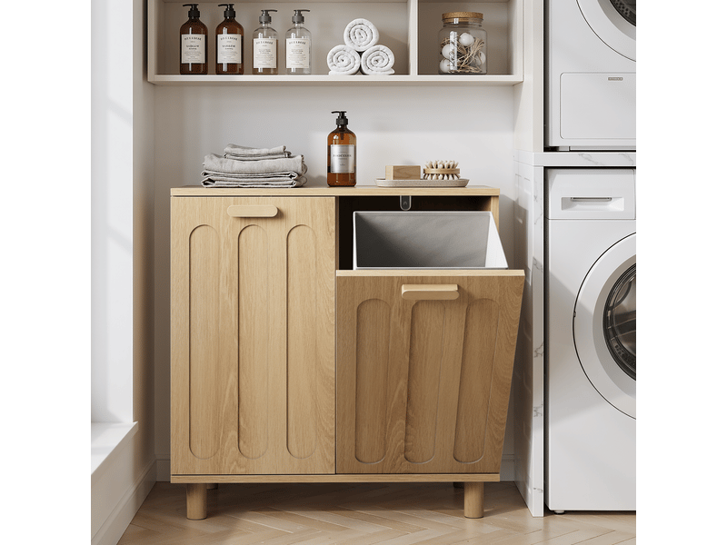 Panier à linge basculant 66x35x67 cm avec 2 paniers amovibles, rangement salle de bain, mdf décor chêne - Conforama B
