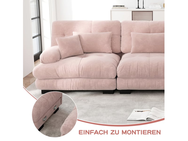  Canapé d’angle modulable 313x145x81 cm, assise épaisse et moelleuse, avec ottomane, revêtement chenille rose  - Conforama E