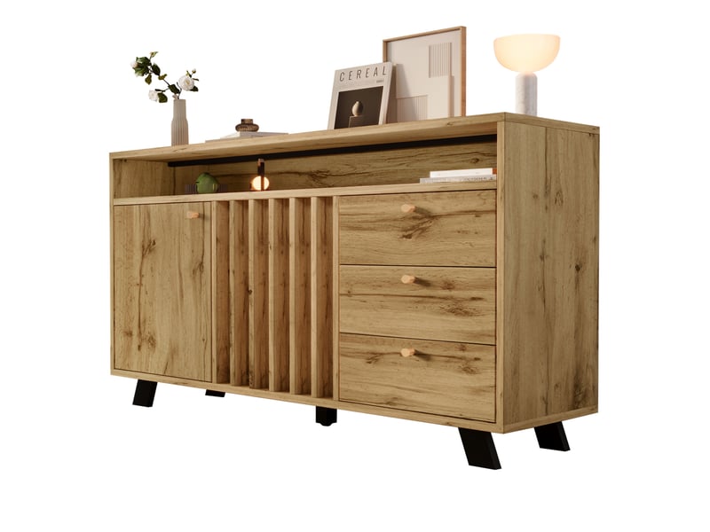 Buffet ulevr avec rangement, 3 tiroirs et 2 portes, niche ouverte, étagère réglable, 120 x 40 x 85 cm, panneaux mdf, chêne foncé - Conforama A