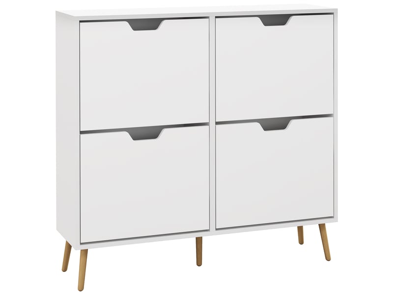  Meuble à chaussures 4 abattants 16 paires avec étagère réglable pieds en bois de pin 95 x 26 x 95 cm blanc  - Conforama A