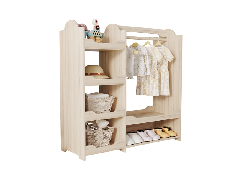  Meuble de rangement pour chambre d'enfant avec penderie, crochets, 4 étagères ouvertes et banc, en mdf naturel  - Conforama A