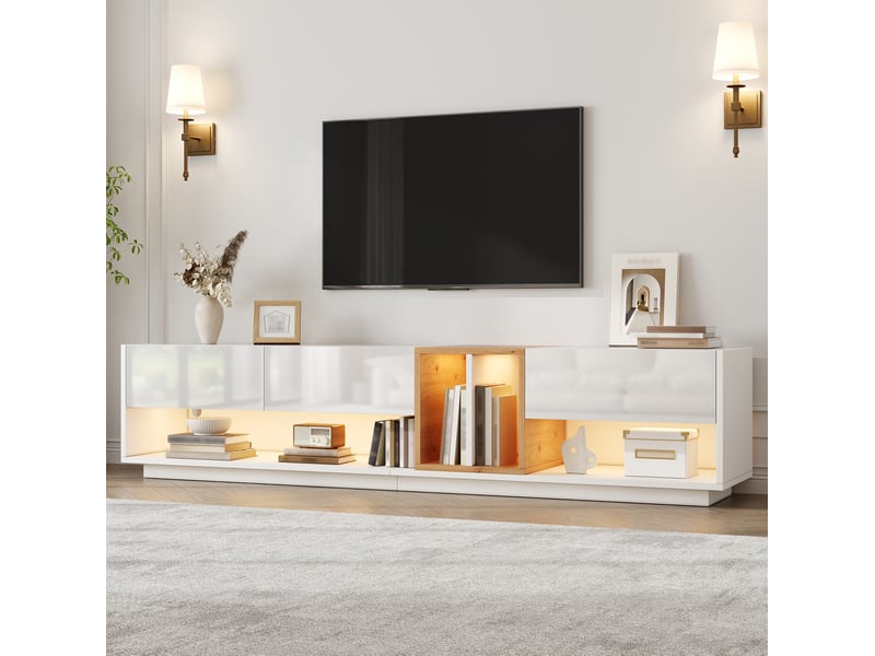  Meuble tv 190x38x42 cm, éclairage led piloté via application, 3 portes, rangement ouvert, en aggloméré blanc  - Conforama B
