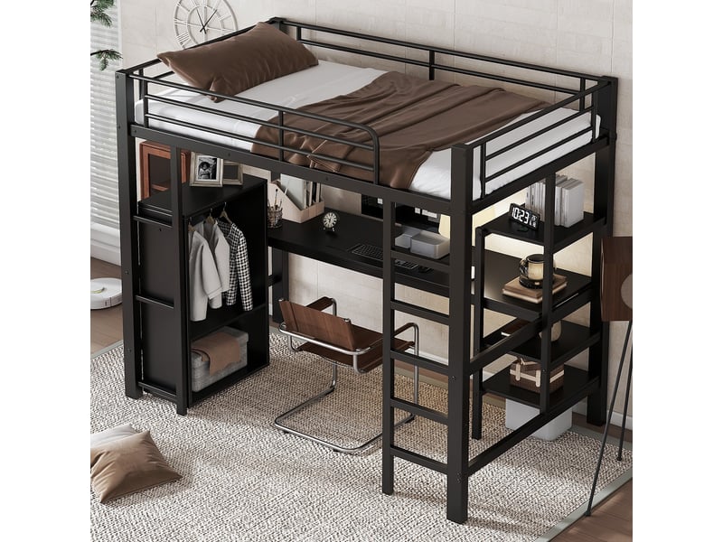  Lit superposé enfant 90x200cm en métal noir avec bureau, armoire, étagères et échelle 5 marches  - Conforama E
