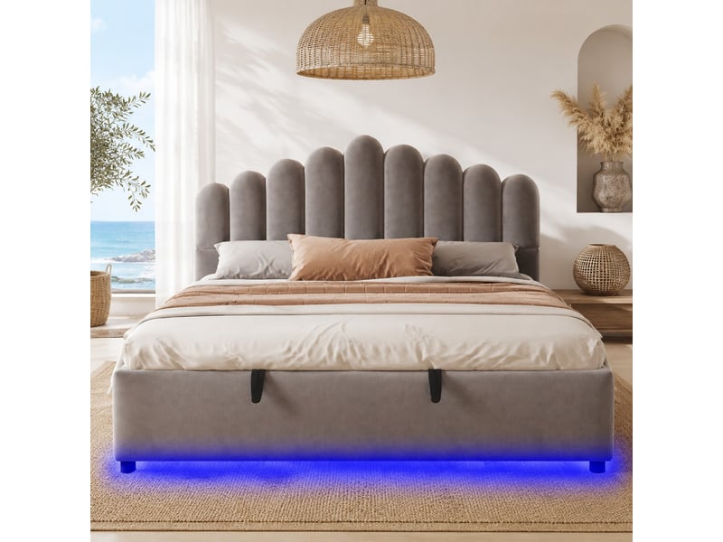 Lit coffre 180 x 200 cm gris en velours avec led et tête de lit rembourrée - Conforama C