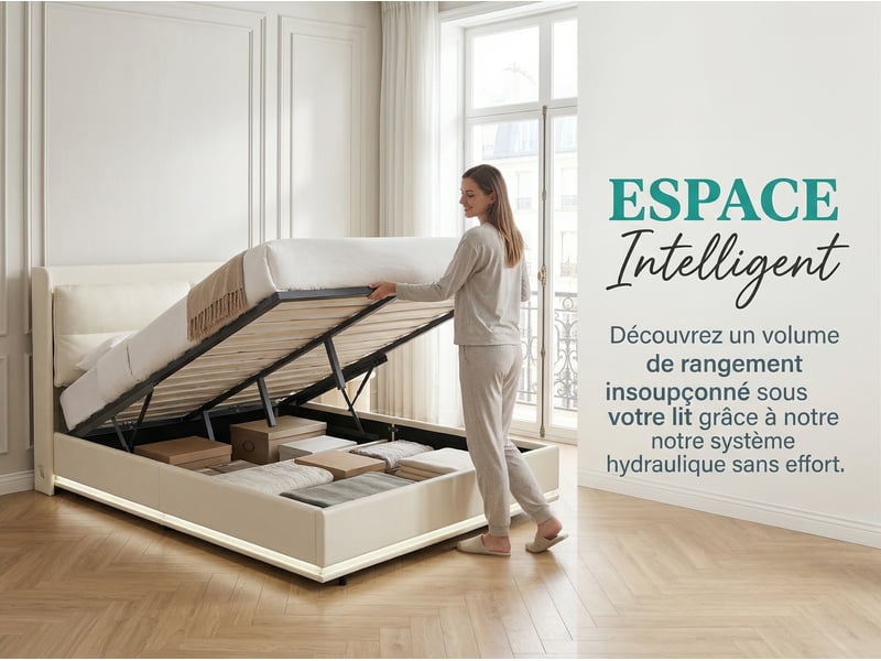  Lit coffre 140x200 cm - lit 2 places pu beige - sommier relevable - grand rangement  - Conforama E