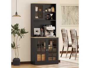 Buffet haut de cuisine noir et chêne avec plan de travail, 3 portes vitrées, 2 niches et étagères réglables