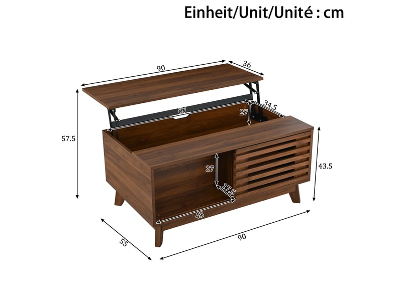  Table basse relevable rétro moderne en mdf – décor noyer, porte coulissante – 90 x 55 x 57,5 cm  - Conforama D