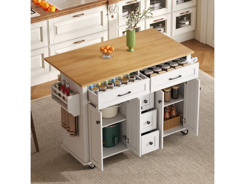Îlot de cuisine blanc et naturel 140 x 65 x 89 cm – chariot de cuisine roulant avec plan extensible 120 x 65 cm, 5 tiroirs et 2 placards TG Store - Conforama D