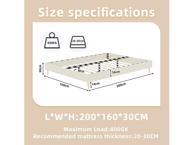  Lit adulte 160 × 200 cm 2 places avec rangement sous le lit et tête de lit, sans matelas, en velours beige  - Conforama D