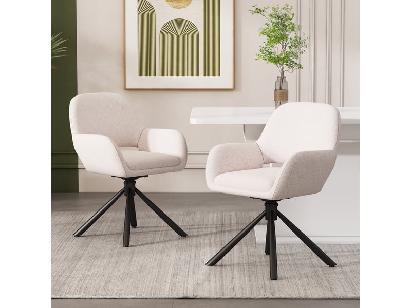  Lot de 6 chaises de salle à manger 60x60x80 cm, pivotantes, accoudoirs, tissu sherpa, métal, bois, blanc  - Conforama W