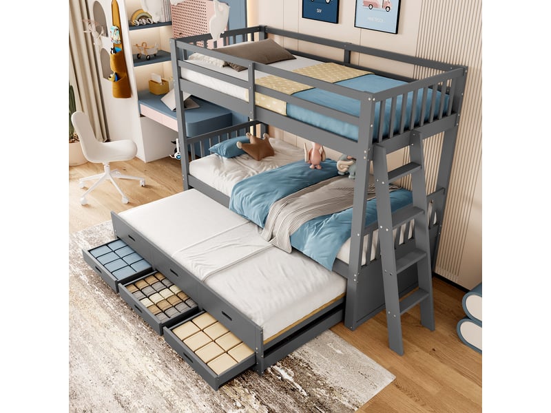 Lit superposé enfant 90x200 cm avec lit gigogne et 3 tiroirs de rangement, lit cabane gris pour fille et garçon en bois massif. - Conforama D