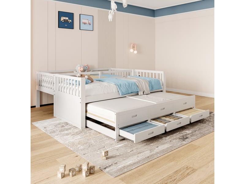  Lit superposé enfant 90x200 lit cabane blanc avec lit gigogne et 3 tiroirs, cadre en bois de pin massif, sécurité optimale.  - Conforama E