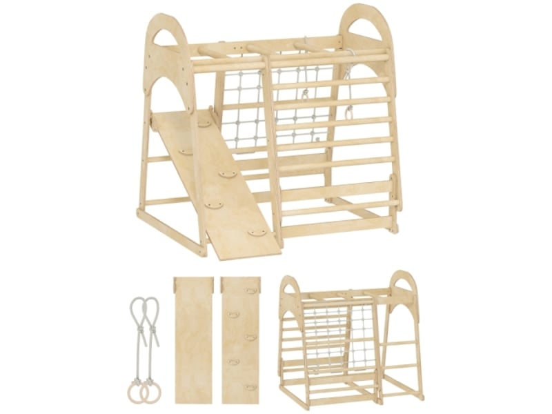 Structure d’escalade enfant 6 en 1 en bois, toboggan, mur, échelle, filet, barreaux, 3-6 ans - Conforama A