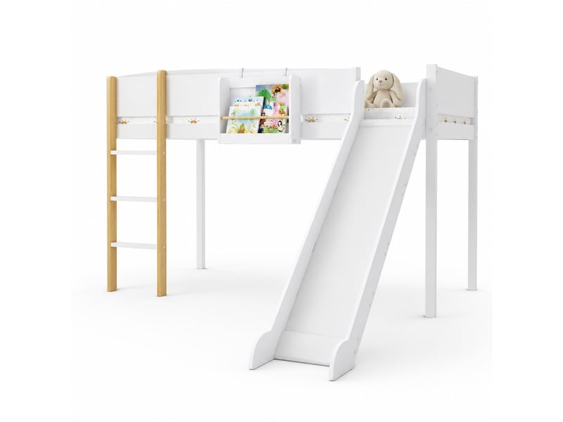  Lit mezzanine enfant avec toboggan et étagère amovible blanc et naturel 90 x 200 cm  - Conforama A