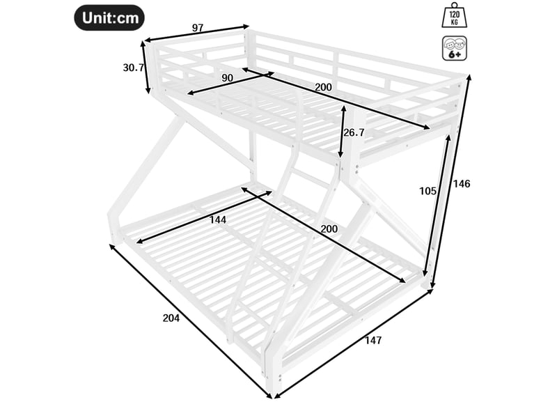  Lit superposé 90x200140x200 cm, avec led et barrières de sécurité, en métal, blanc, sans matelas  - Conforama C