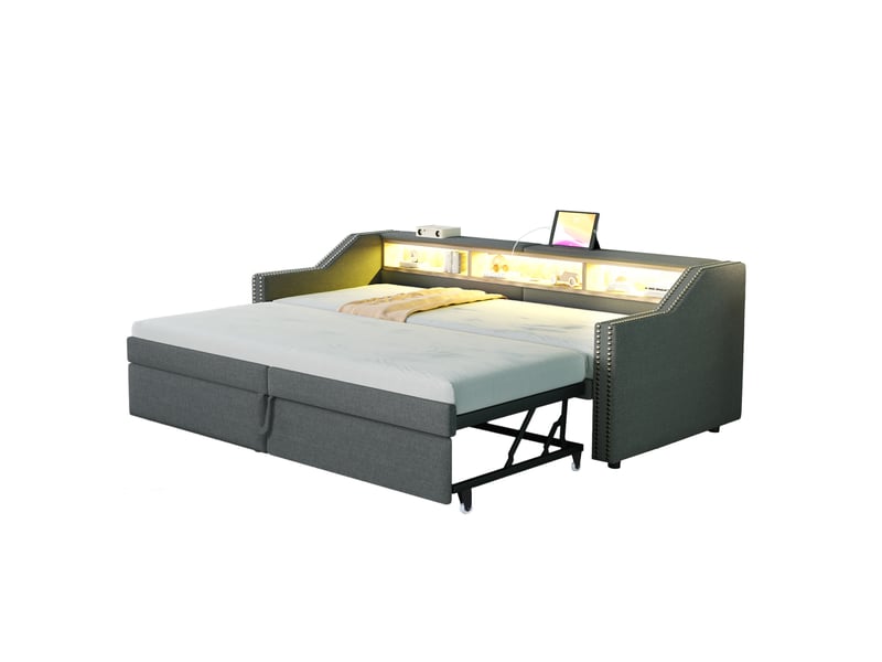  Lit extensible 90x200 cm fermé, 180x200 cm ouvert, avec matelas, rangements, led, usb, lin, gris foncé  - Conforama A
