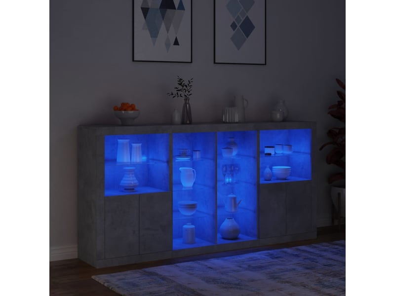  Buffet - bahut - meuble de rangement avec lumières led gris béton 202x37x100 cm  - Conforama E