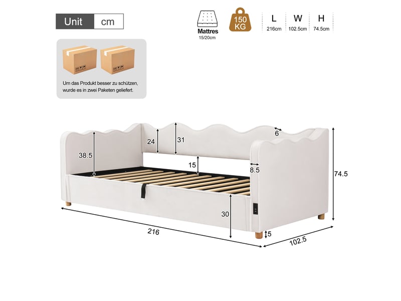  Lit banquette coffre 90x200 cm lit enfant en velours beige avec usb et type-c  - Conforama C