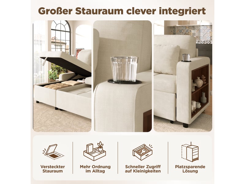  Canapé convertible 3 places chenille beige clair - canapé-lit extensible avec rangement de rangement et récamière  - Conforama E