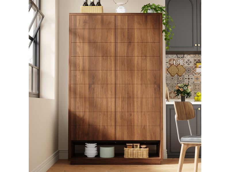 Buffet cuisine 2 portes, 100 x 40 x 162,5 cm, compartiments ouverts, ouverture push-to-open et anti-basculement, mdf, marron Morn Vibe - Conforama D