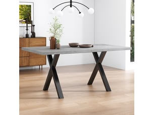 Table à manger 140x80x76 cm, pieds croisés, structure métal, plateau mdf, finition béton, noir et gris
