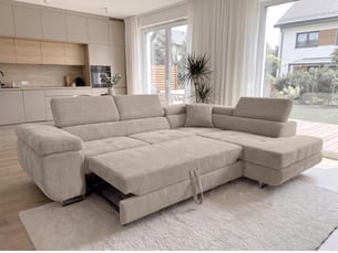 Canapé d'angle droit convertible <strong>AX LIVING </strong> <strong>Konak</strong> 4 places Velours côtelé beige avec coffre de rangement