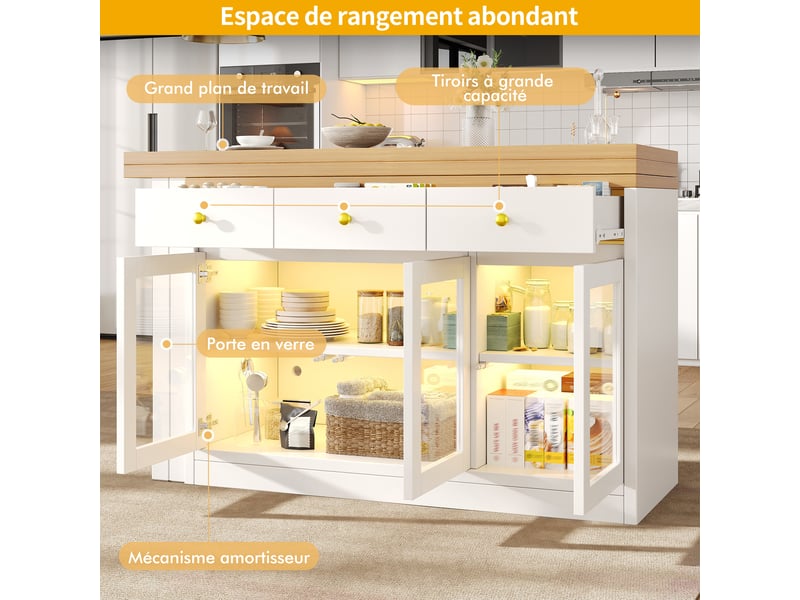  Îlot de cuisine extensible led 3 tiroirs - 3 portes vitrées mdf blanc 120–200 × 40 × 75,5 cm  - Conforama E